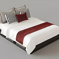 Modern Double Bed With White Sheets Red Runner Gray And Striped Pillows 3d model