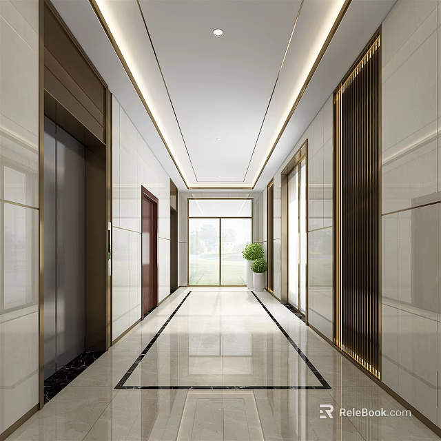 Modern Elevator Hallway Interior Design With Marble Flooring And Recessed Lighting 3d model