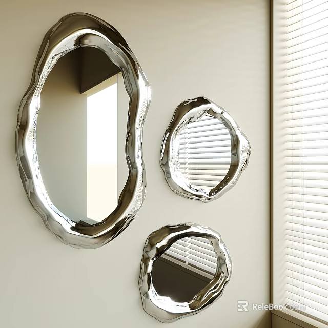 Three Irregular Shaped Silver Mirrors Hanging On Wall With Window Blinds 3d model 