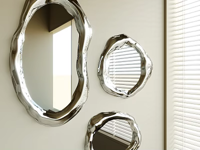 Three Irregular Shaped Silver Mirrors Hanging On Wall With Window Blinds 3d model