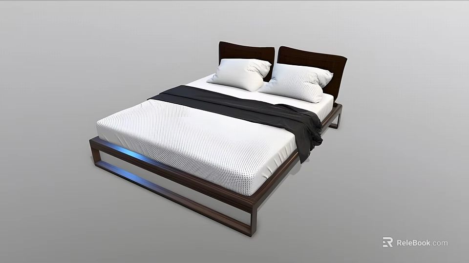 Modern Double Bed With Dark Wooden Bedhead White Pillows Black Blanket And White Striped Mattress 3d model 