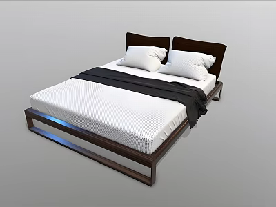 Modern Double Bed With Dark Wooden Bedhead White Pillows Black Blanket And White Striped Mattress 3d model