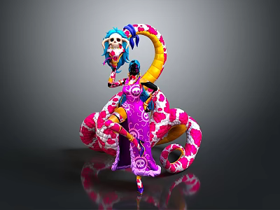 Colorful Skeleton Character With Purple Outfit And Pink White Patterned Snake Body 3d model