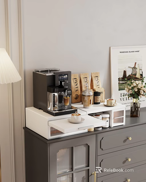 Organized Modern Kitchen Storage Shelf with Coffee Machine Cups Bags and Decorative Jars 3d model 