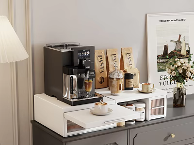 Organized Modern Kitchen Storage Shelf with Coffee Machine Cups Bags and Decorative Jars 3d model