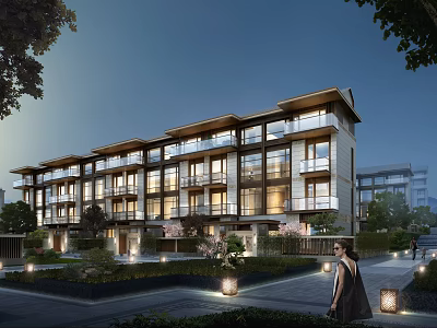 Modern Townhouse Exterior with Multi story Design Large Windows and Landscaping Lighting 3d model