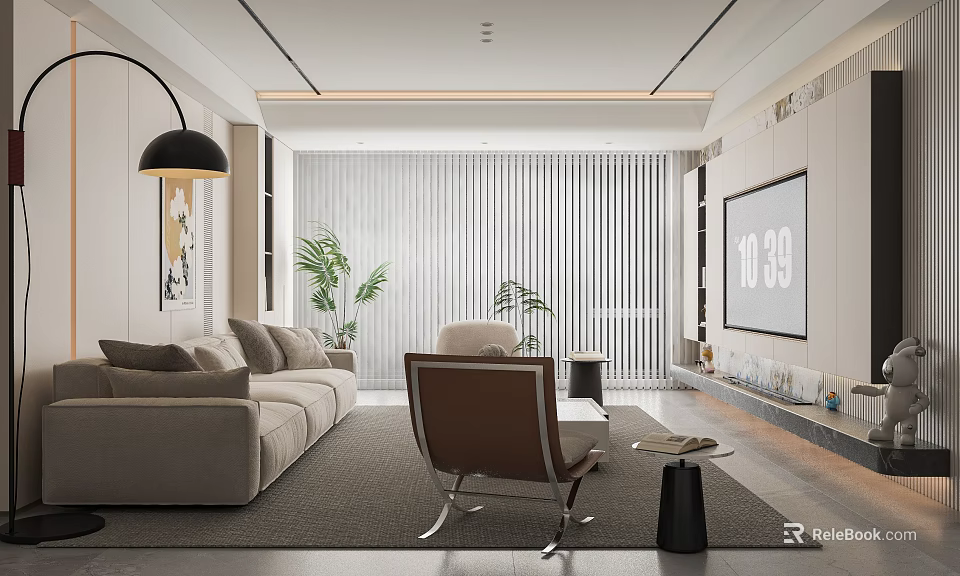 Modern Living Room Interior With Beige Sofa Brown Armchair Floor Lamp And Plant 3d model 