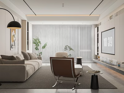 Modern Living Room Interior With Beige Sofa Brown Armchair Floor Lamp And Plant 3d model