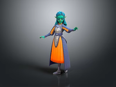 Magical Elf Creature Character Green Skin Blue Hair Silver Armor Orange Dress Blue Cape Standing 3d model
