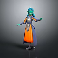 Magical Elf Creature Character Green Skin Blue Hair Silver Armor Orange Dress Blue Cape Standing