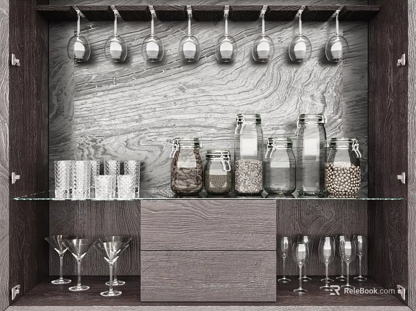 Kitchenware Display In Wooden Cabinet With Utensils 3d model 