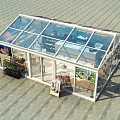 Glass House Structure With Blue Sky White Clouds Plant Shelf And Indoor Tables