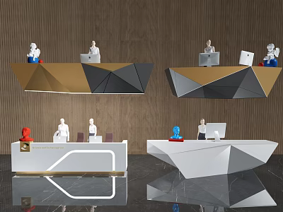 Modern Geometric Reception Desk Design With Sleek Gold Black And White Structure 3d model