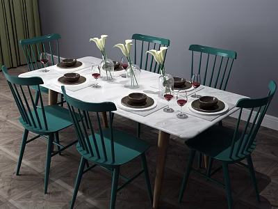 Dining Table Set With White Marble Top Green Chairs Flower Vases Wine Glasses And Plates 3d model