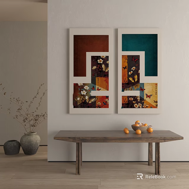 Abstract Painting Wall Art With Colorful Blocks Butterflies And Floral Patterns 3d model 