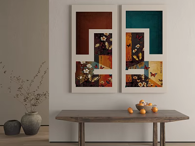 Abstract Painting Wall Art With Colorful Blocks Butterflies And Floral Patterns 3d model