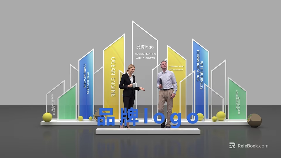 Colorful Brand Logo Photo Check In Spot With People On Stage And Yellow Balls 3d model 
