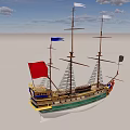 Ancient Sailing Ship With Multiple Masts Colored Flags And Decorative Hull