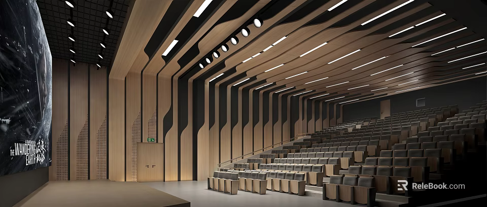 Modern Cinema Auditorium With Wooden Panel Walls Recessed Lighting And Comfortable Seats 3d model 