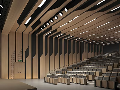 Modern Cinema Auditorium With Wooden Panel Walls Recessed Lighting And Comfortable Seats 3d model