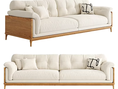 Modern Minimalist Beige Two Seater Sofa With Wooden Frame Soft Cushions And Black Patterned Pillow 3d model