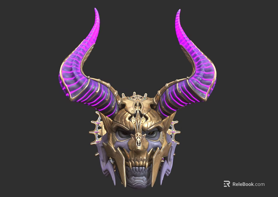 Gilded Skull Mask With Purple Curved Horns And Intricate Spiked Details 3d model 
