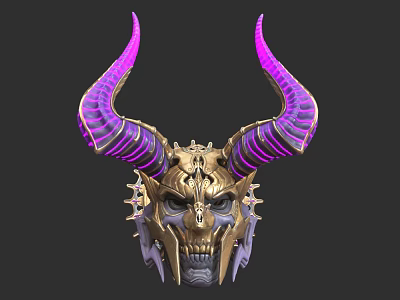 Gilded Skull Mask With Purple Curved Horns And Intricate Spiked Details 3d model