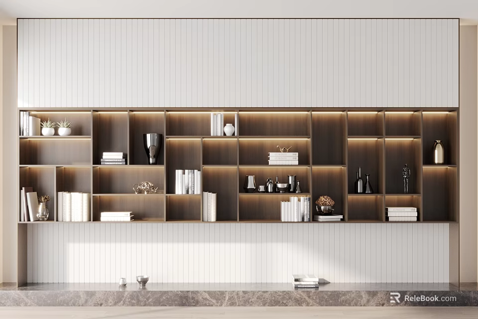 Modern Layered Wooden Bookshelf with Illuminated Sections and Decorative Items 3d model
