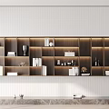 Modern Layered Wooden Bookshelf with Illuminated Sections and Decorative Items 3d model