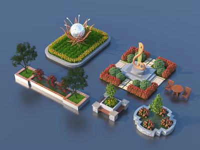 Garden Ornaments Design With Spherical Decoration Flower Beds And Musical Note Sculpture 3d model