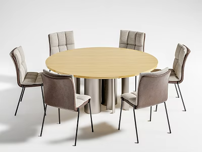 Modern Round Dining Table Set With Wooden Top Gray Upholstered Chairs And Metal Legs 3d model
