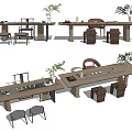 Modern Wooden Tea Table and Chairs with Tea Sets and Green Plants