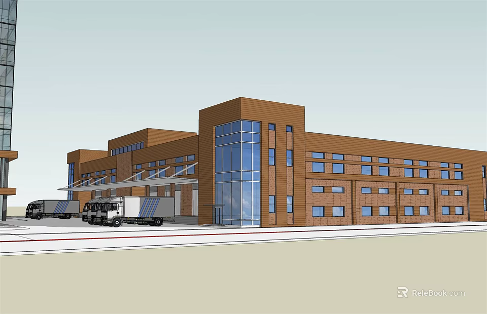 Modern Office Building Exterior With Glass Curtain Wall Brick Facade And Delivery Trucks 3d model 