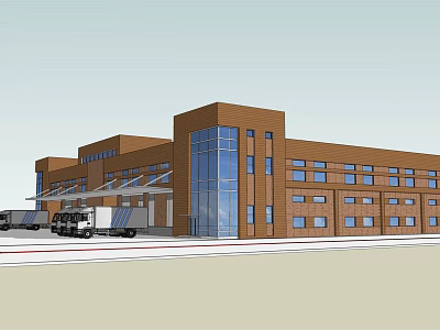 Modern Office Building Exterior With Glass Curtain Wall Brick Facade And Delivery Trucks 3d model