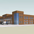 Modern Office Building Exterior With Glass Curtain Wall Brick Facade And Delivery Trucks