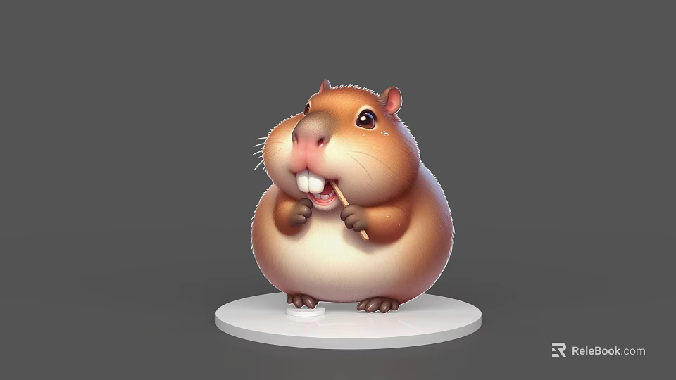 Cute Brown Chubby Reptile 3D Model Figurine Holding Stick On White Base 3d model 