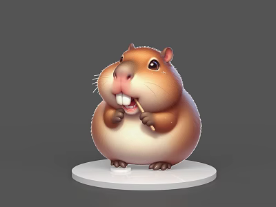 Cute Brown Chubby Reptile 3D Model Figurine Holding Stick On White Base 3d model