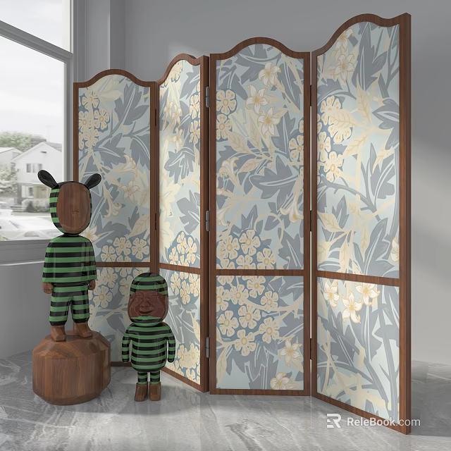 Decorative Folding Screen With Floral Pattern And Wooden Frame For Interior Decor 3d model