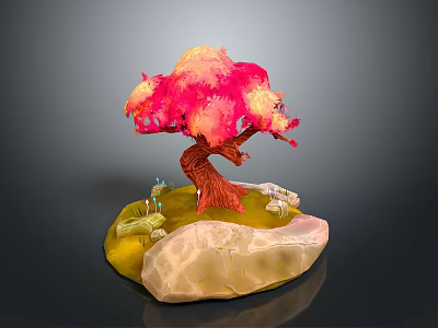 Pink Blooming Arbor Tree With Yellow Base And White Stone Decorative Details 3d model