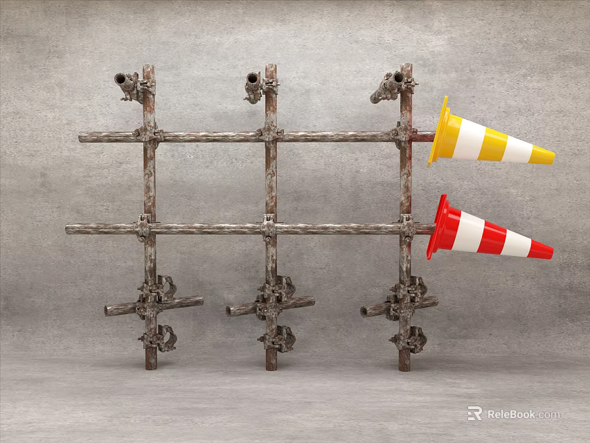 Metal Pipes Frame Structure Featuring Yellow White And Red White Traffic Cones Against Gray Background 3d model 