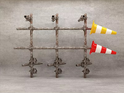 Metal Pipes Frame Structure Featuring Yellow White And Red White Traffic Cones Against Gray Background 3d model