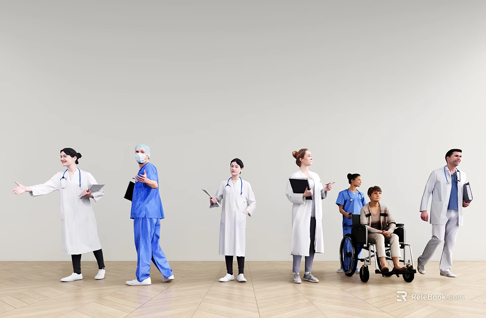 Group of Medical Professionals and Patients in Hospital Corridor with Wheelchair and Documents 3d model 