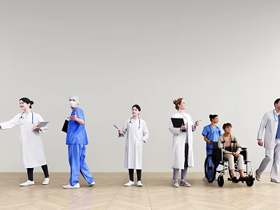 Group of Medical Professionals and Patients in Hospital Corridor with Wheelchair and Documents 3d model
