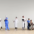 Group of Medical Professionals and Patients in Hospital Corridor with Wheelchair and Documents