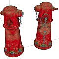 Two Rusty Red Fire Hydrants With Metal Chains And Weathered Surfaces