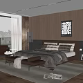 Modern Bedroom Interior Featuring Double Bed Wooden Wall Panels Large Window Curtains And Decorative Art