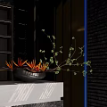 Black Vase With Orange Flowers And Green Branches On White Countertop Against Dark Wooden Structure