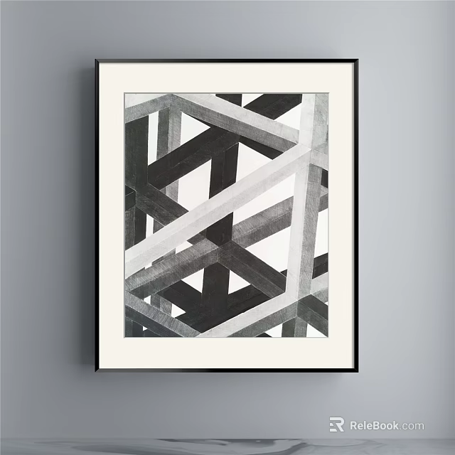 Black And White Abstract Painting With Geometric Intersecting Lines Framed Art 3d model 