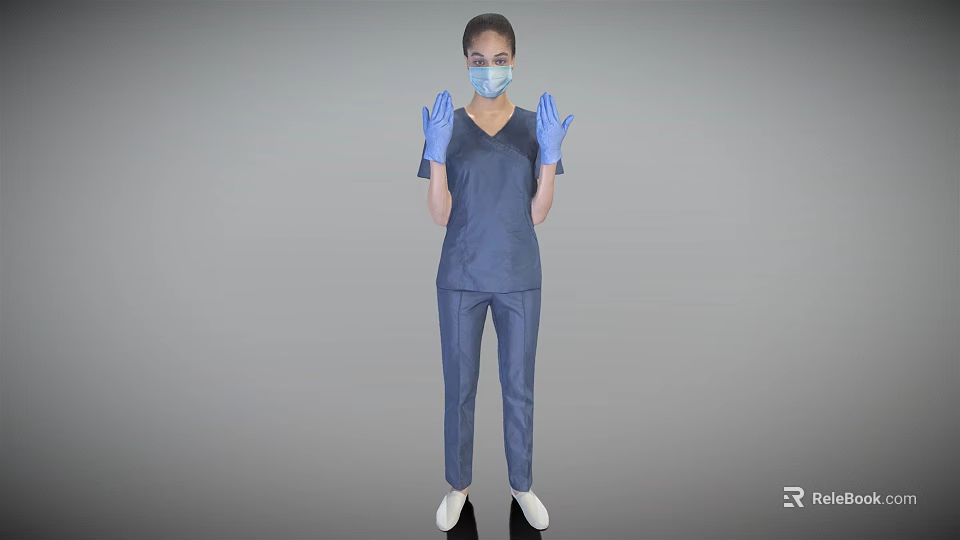 Woman in blue medical scrubs wearing blue gloves and face mask raising hands 3d model 