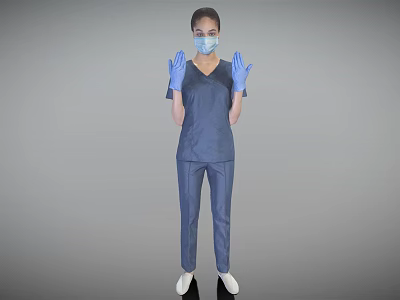 Woman in blue medical scrubs wearing blue gloves and face mask raising hands 3d model